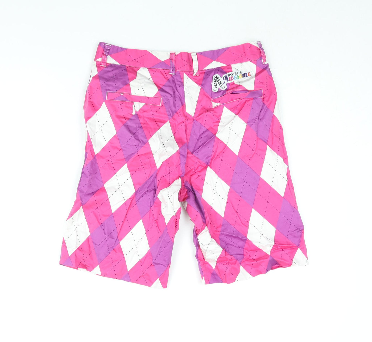 Royal & Awesome Mens Pink Argyle/Diamond Cotton Chino Shorts Size 30 in L9 in Regular Zip - Golf Logo Badge