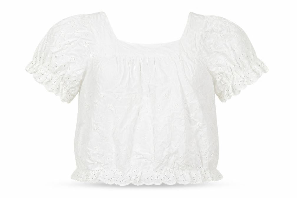 Front view of Yours women’s white viscose basic blouse, size UK 20, square neck - embroidered