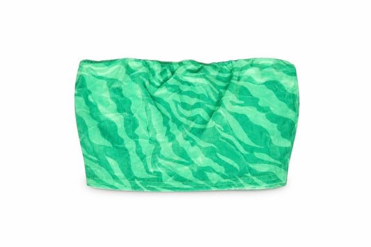 Front view of PRETTYLITTLETHING women’s green geometric polyester cropped blouse, size UK 6, square neck