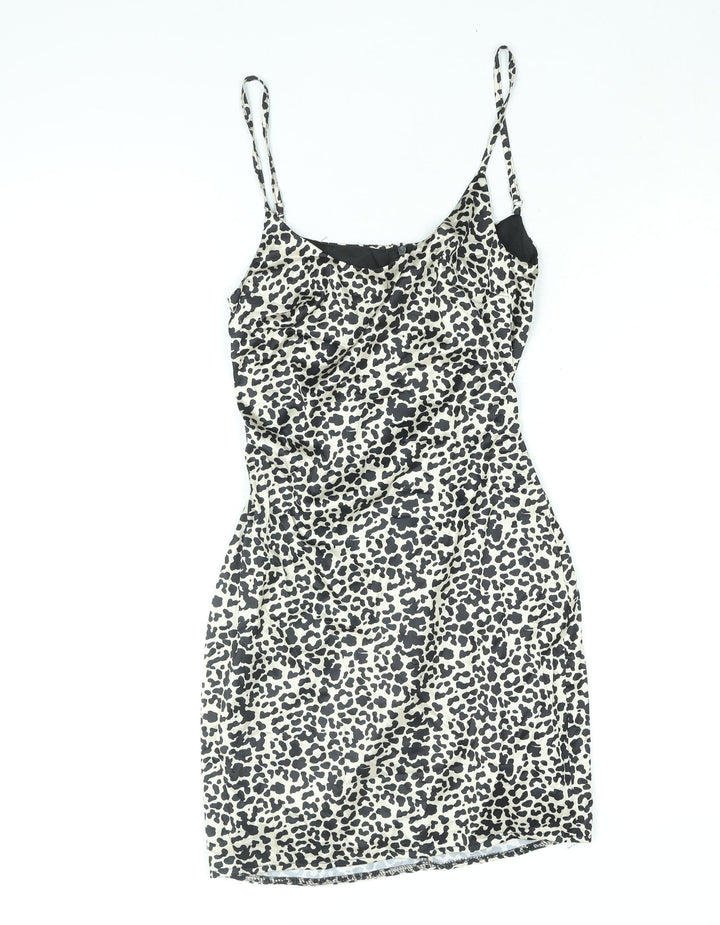 Missguided Womens Black Animal Print Polyester Mini Size 4 Scoop Neck Zip