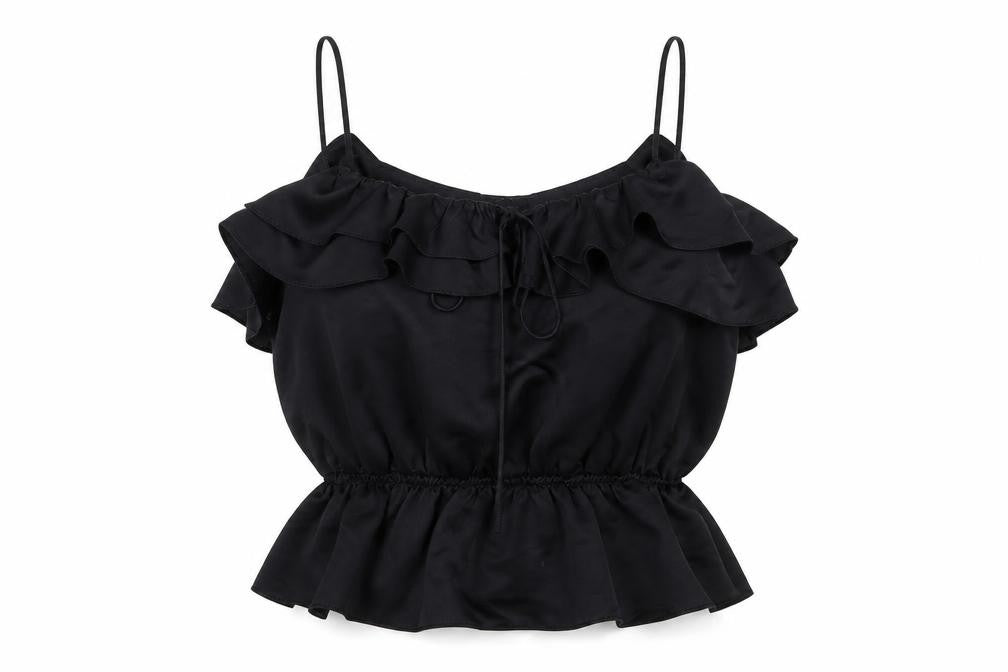 Front view of Topshop women’s black polyester cropped tank, size UK 8, v-neck