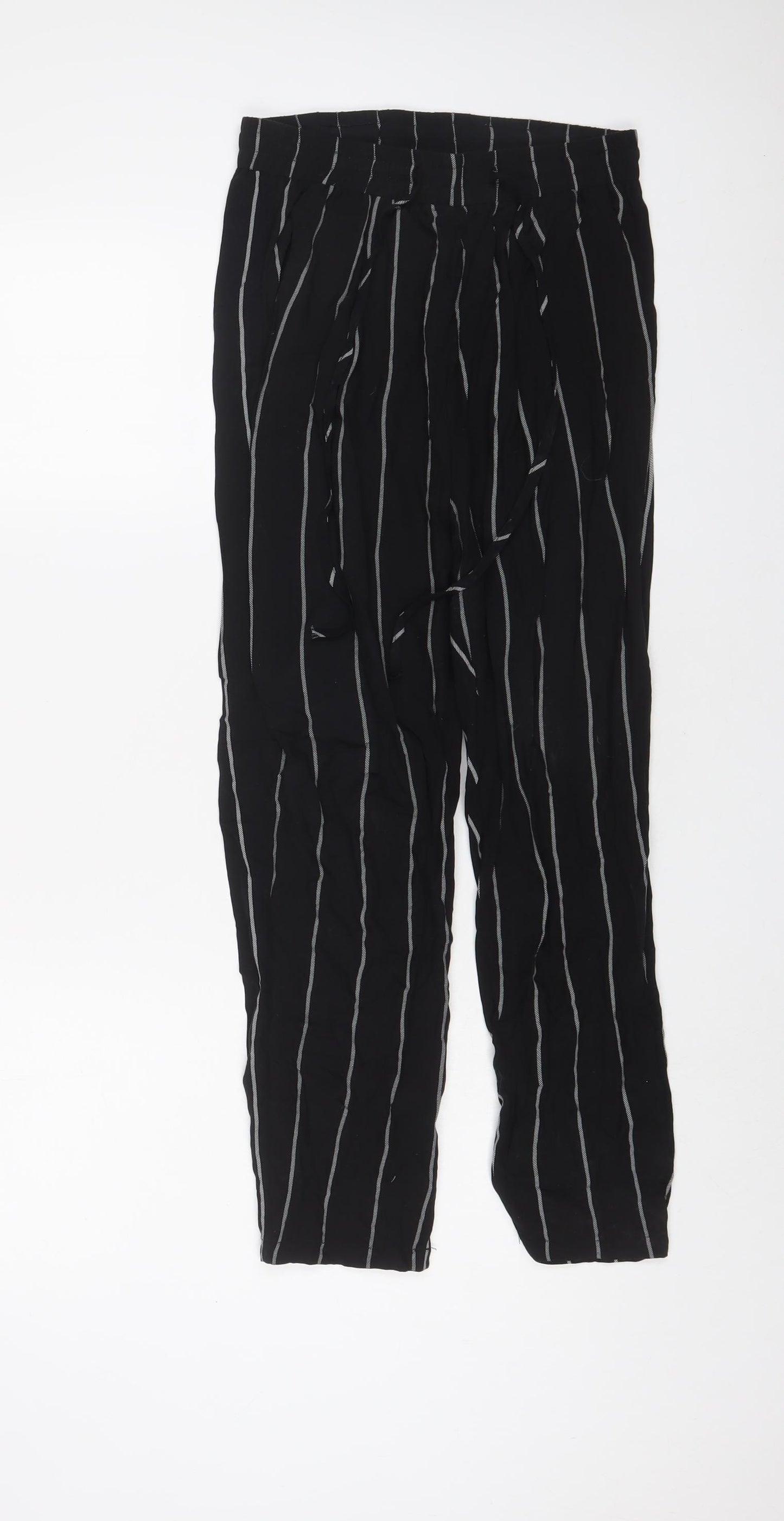 PRETTYLITTLETHING Womens Black Striped Viscose Trousers Size 8 L24 in Regular Tie