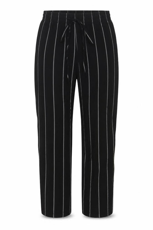 Front view of PRETTYLITTLETHING women’s black striped viscose trousers, size UK 8, 24-inch leg regular tie