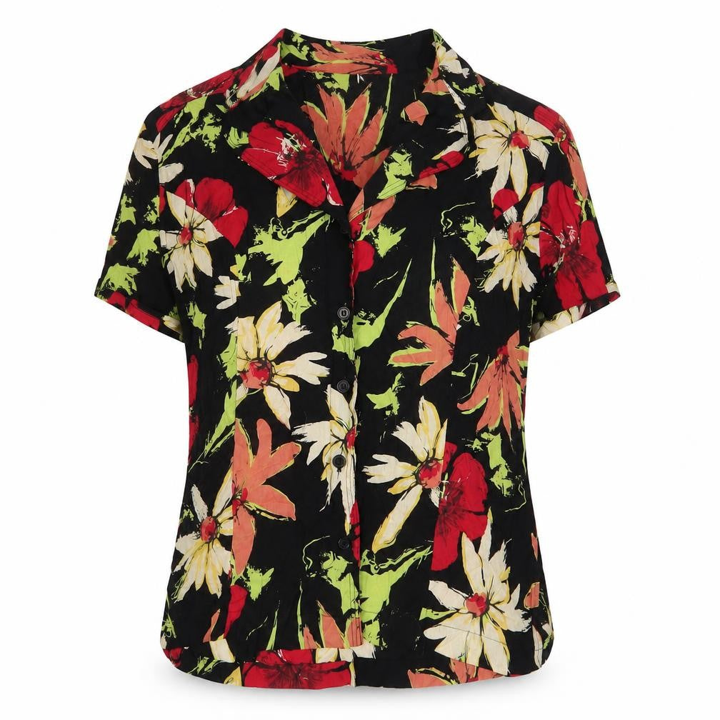 Front view of Adini women’s black floral cotton basic button-up, size S, collared
