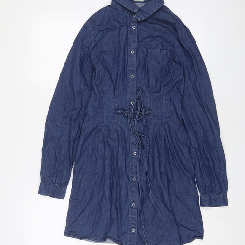 Pimkie Womens Blue Cotton A-Line Size 8 Collared Snap