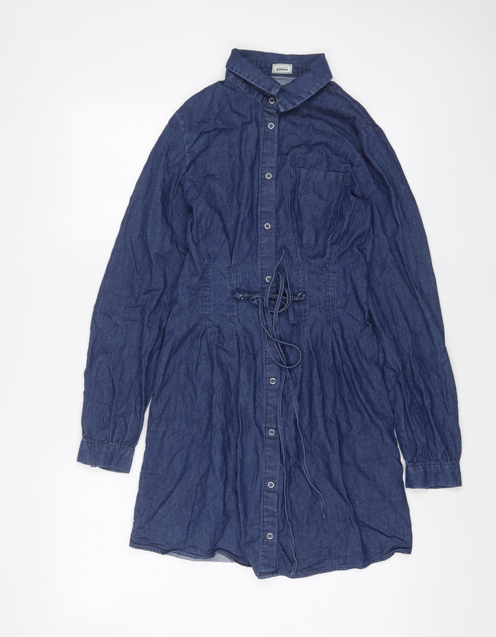 Pimkie Womens Blue Cotton A-Line Size 8 Collared Snap