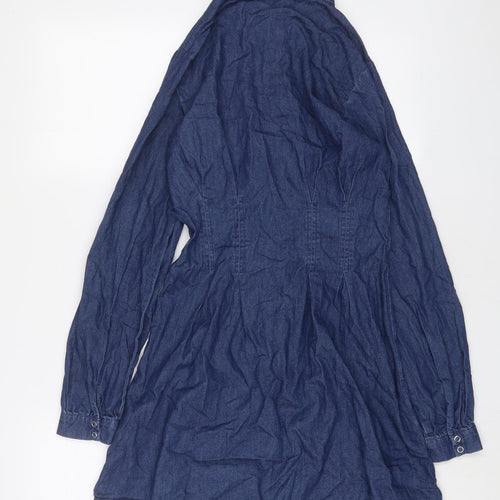 Pimkie Womens Blue Cotton A-Line Size 8 Collared Snap