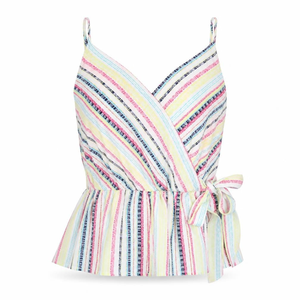 Front view of Ezquiss's women’s multicoloured striped polyester basic tank, size L, v-neck