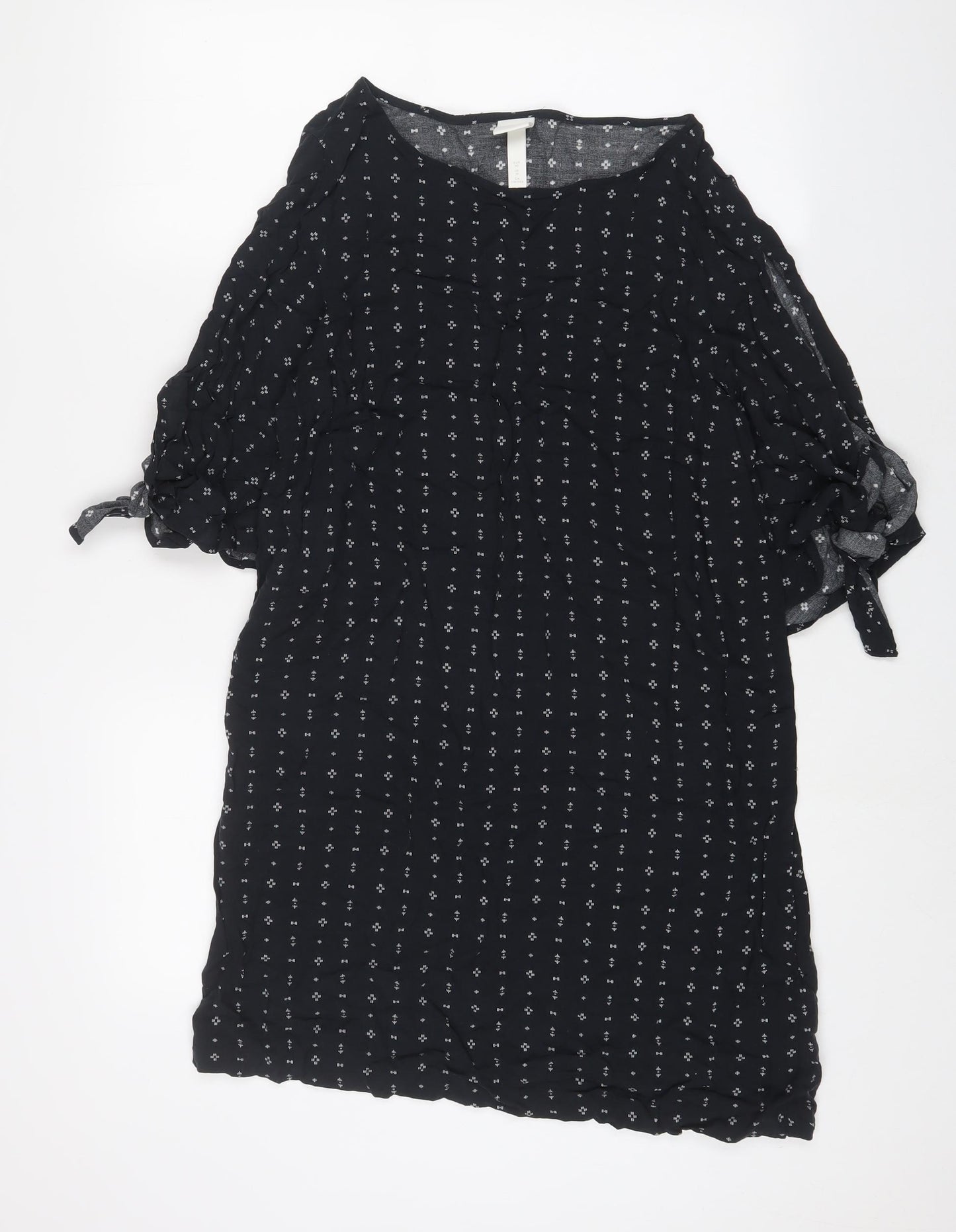 H&M Womens Blue Geometric Viscose A-Line Size 14 Boat Neck Pullover - Cold Shoudler