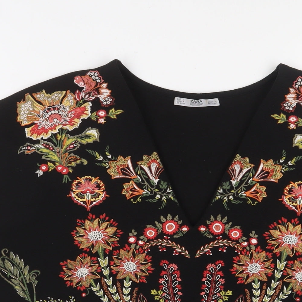 Zara Womens Black Floral Polyester Basic T-Shirt Size M V-Neck