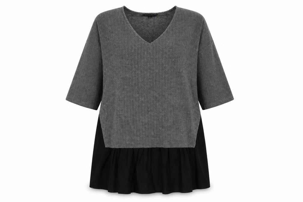 Front view of French Connection women’s grey polyester tunic t-shirt, size M, v-neck