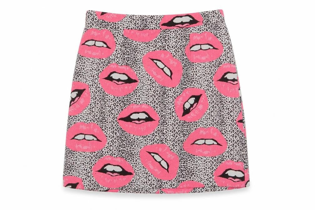 Front view of River Island women’s pink geometric polyester a-line skirt, size UK 8, zip