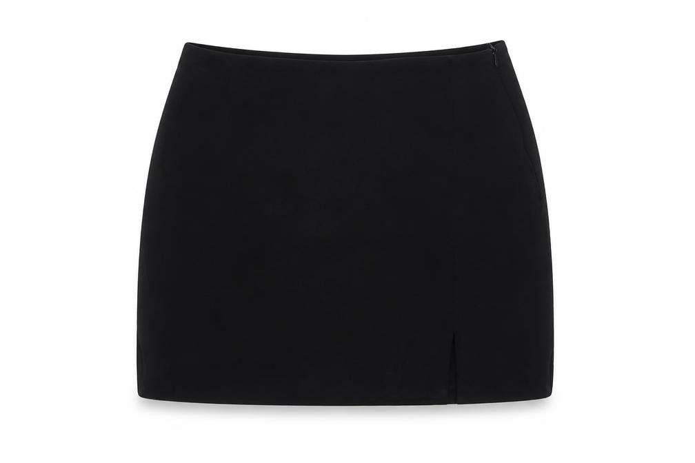 Front view of ASOS women’s black viscose mini skirt, size UK 4, zip