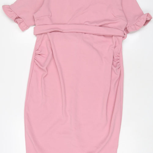 Boohoo Womens Pink Polyester Sheath Size 12 Crew Neck Pullover - Belted