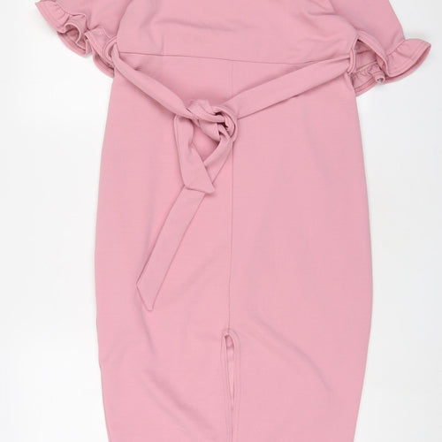 Boohoo Womens Pink Polyester Sheath Size 12 Crew Neck Pullover - Belted