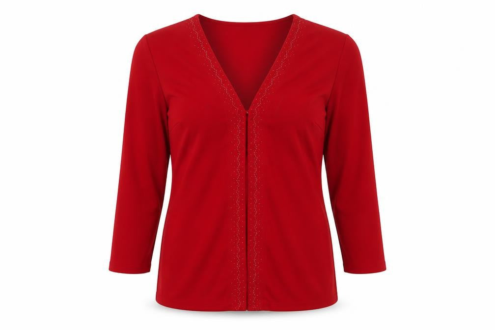 Front view of Sarah Hamilton women’s red jacket blazer, size UK 14, button - beaded
