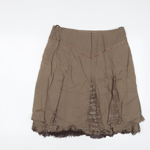 VILA Womens Brown Cotton A-Line Skirt Size L Zip - Embroidered