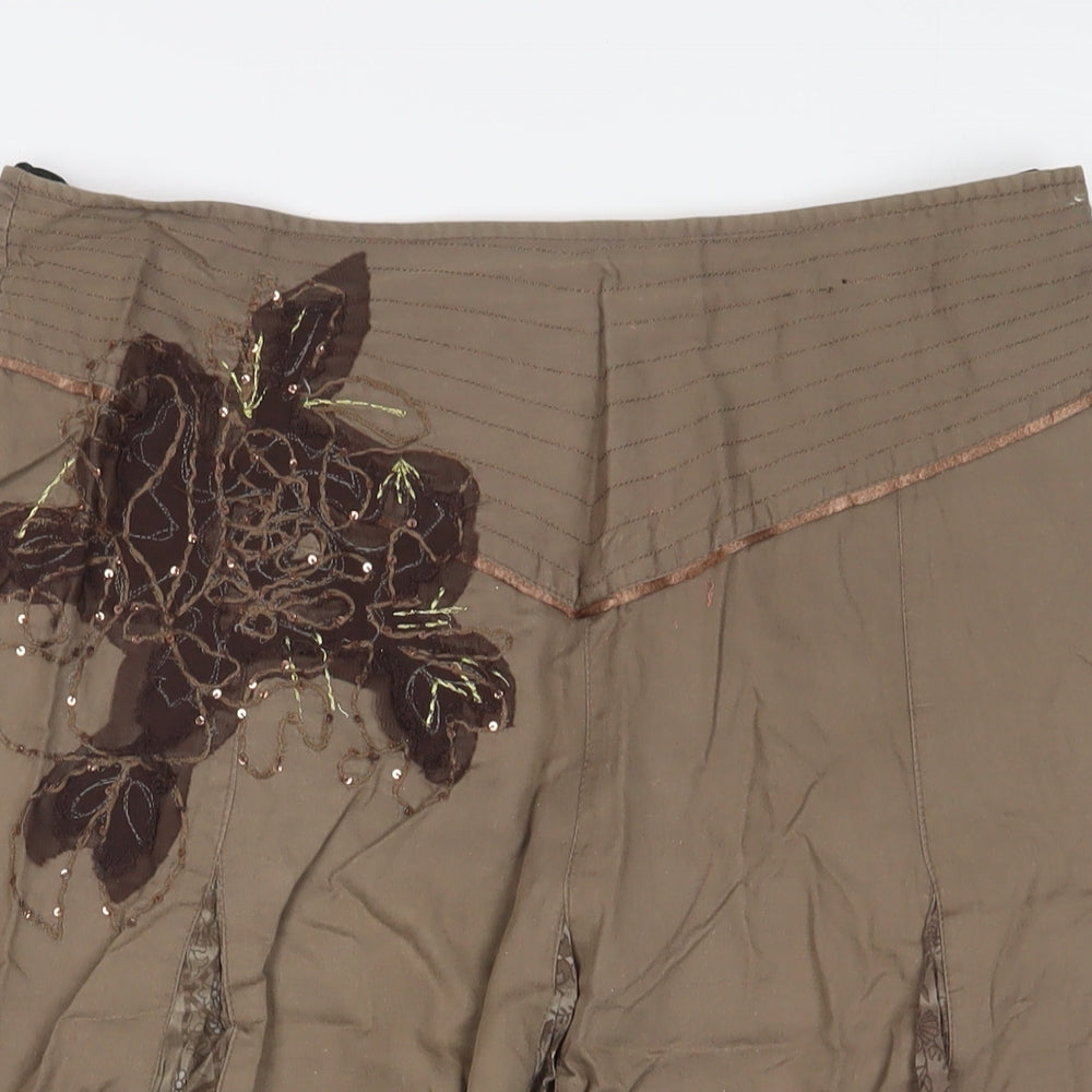 VILA Womens Brown Cotton A-Line Skirt Size L Zip - Embroidered