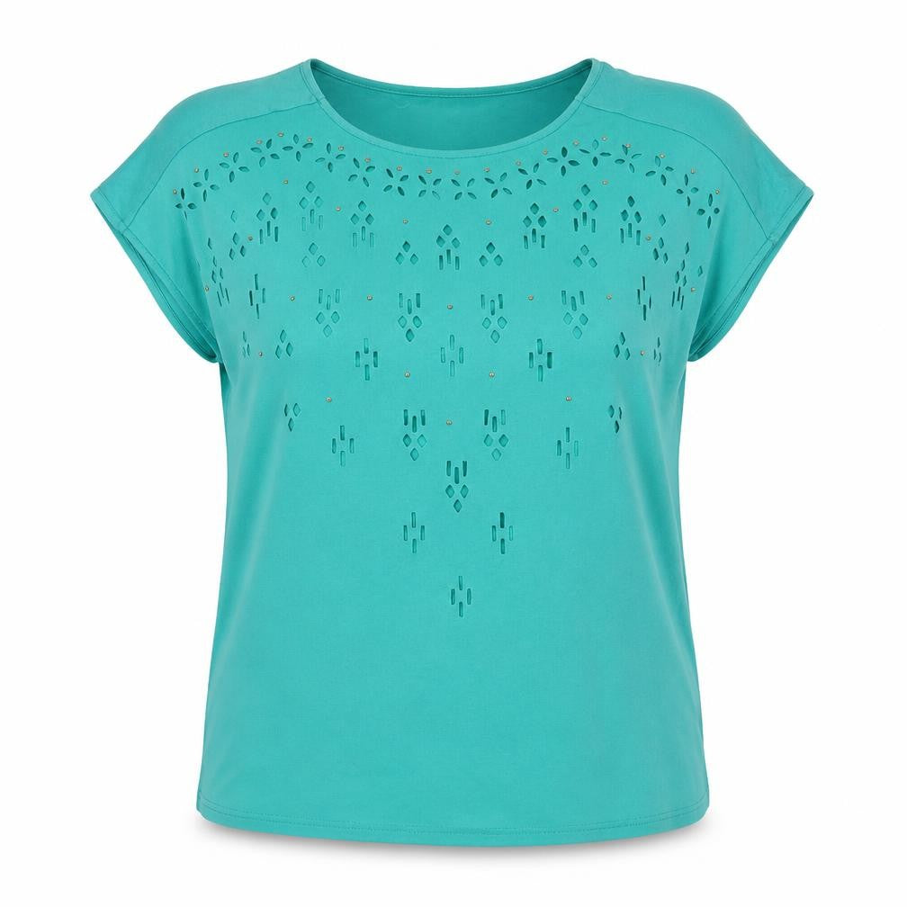 Front view of Klass women’s green polyester basic t-shirt, size M, collared