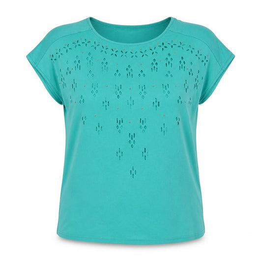 Front view of Klass women’s green polyester basic t-shirt, size M, collared