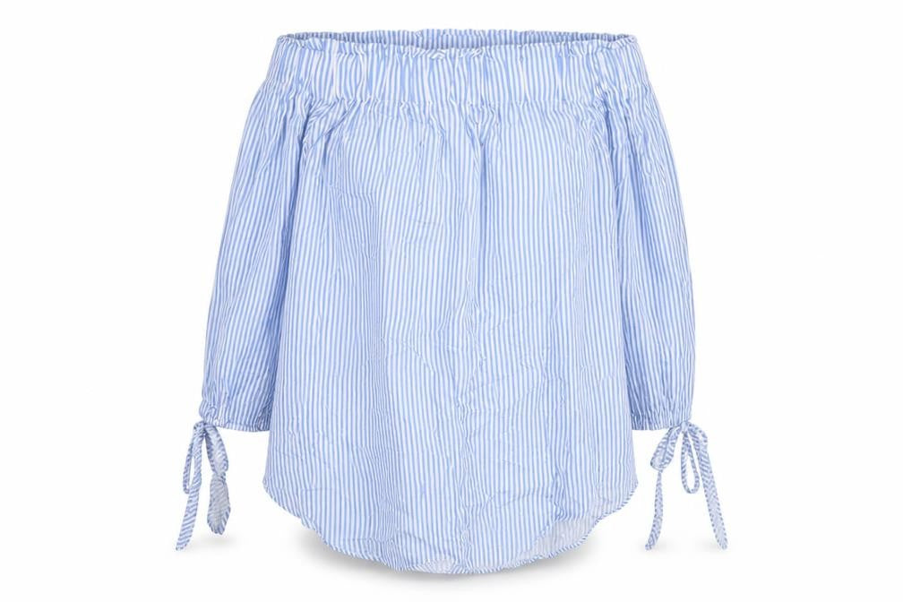 Front view of H&M women’s blue striped viscose basic blouse, size UK 10, boat neck