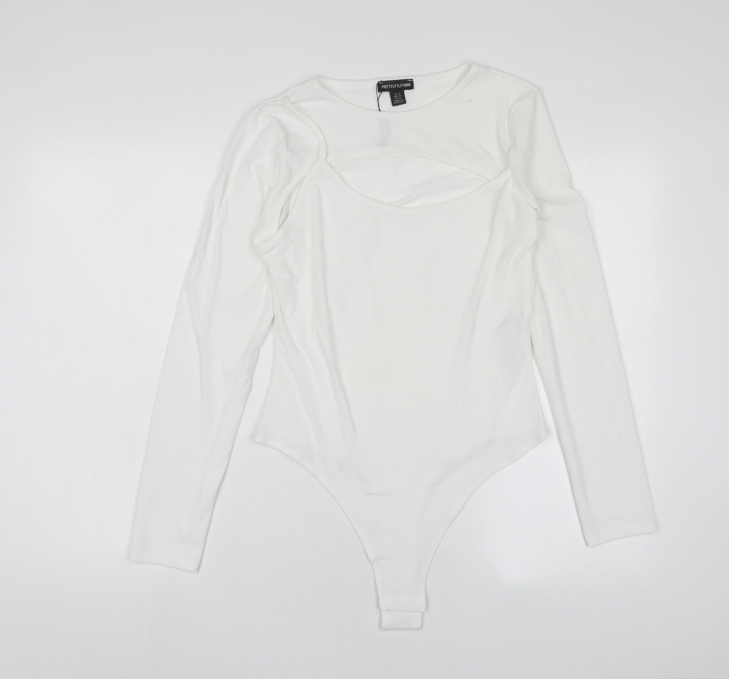 PRETTYLITTLETHING Womens White Polyester Bodysuit One-Piece Size 14 Snap