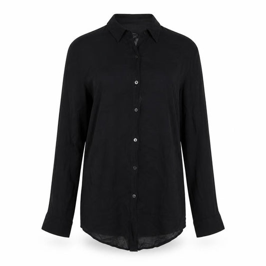 Front view of Bershka women’s black polyester basic button-up, size S, collared