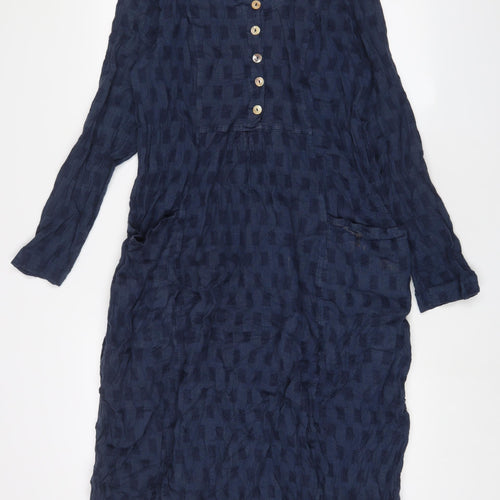 Sahara Womens Blue Linen A-Line Size M Scoop Neck Button