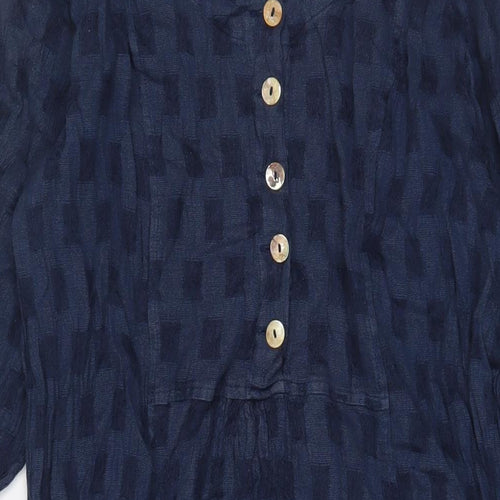 Sahara Womens Blue Linen A-Line Size M Scoop Neck Button