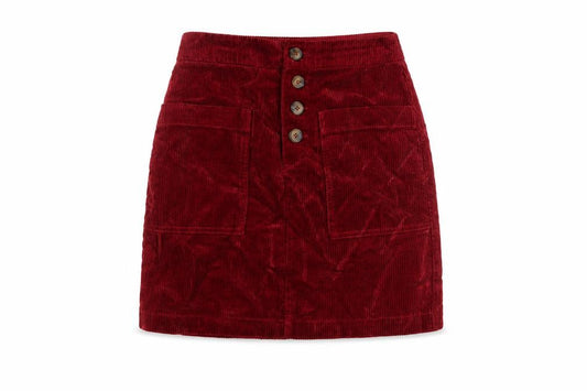Front view of F&F women’s red cotton a-line skirt, size UK 6, button