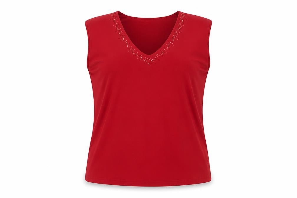 Front view of Sarah Hamilton women’s red polyester basic tank, size UK 16, v-neck - beaded