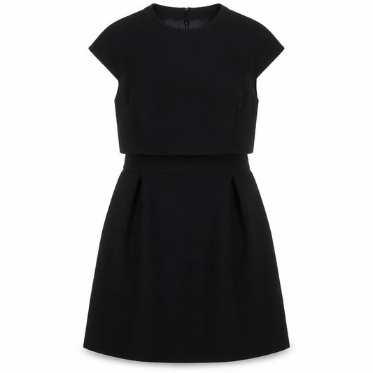 Front view of ASOS women’s black polyester a-line, size UK 10, crew neck zip