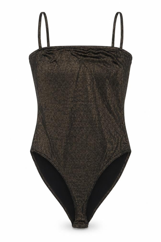 Front view of Boohoo women’s gold polyester bodysuit one-piece, size UK 8, pullover