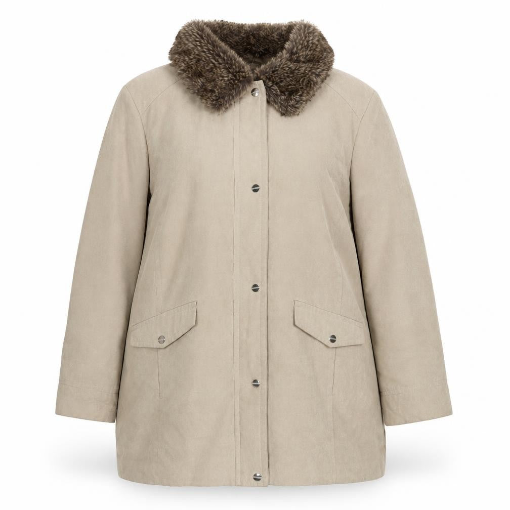 Front view of EWM women’s beige overcoat coat, size UK 20, zip