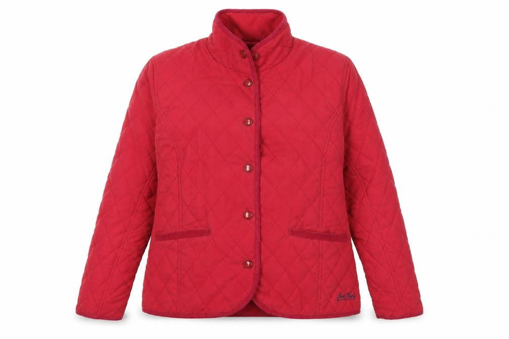 Front view of Jack Murphy women’s pink quilted jacket, size UK 10, snap