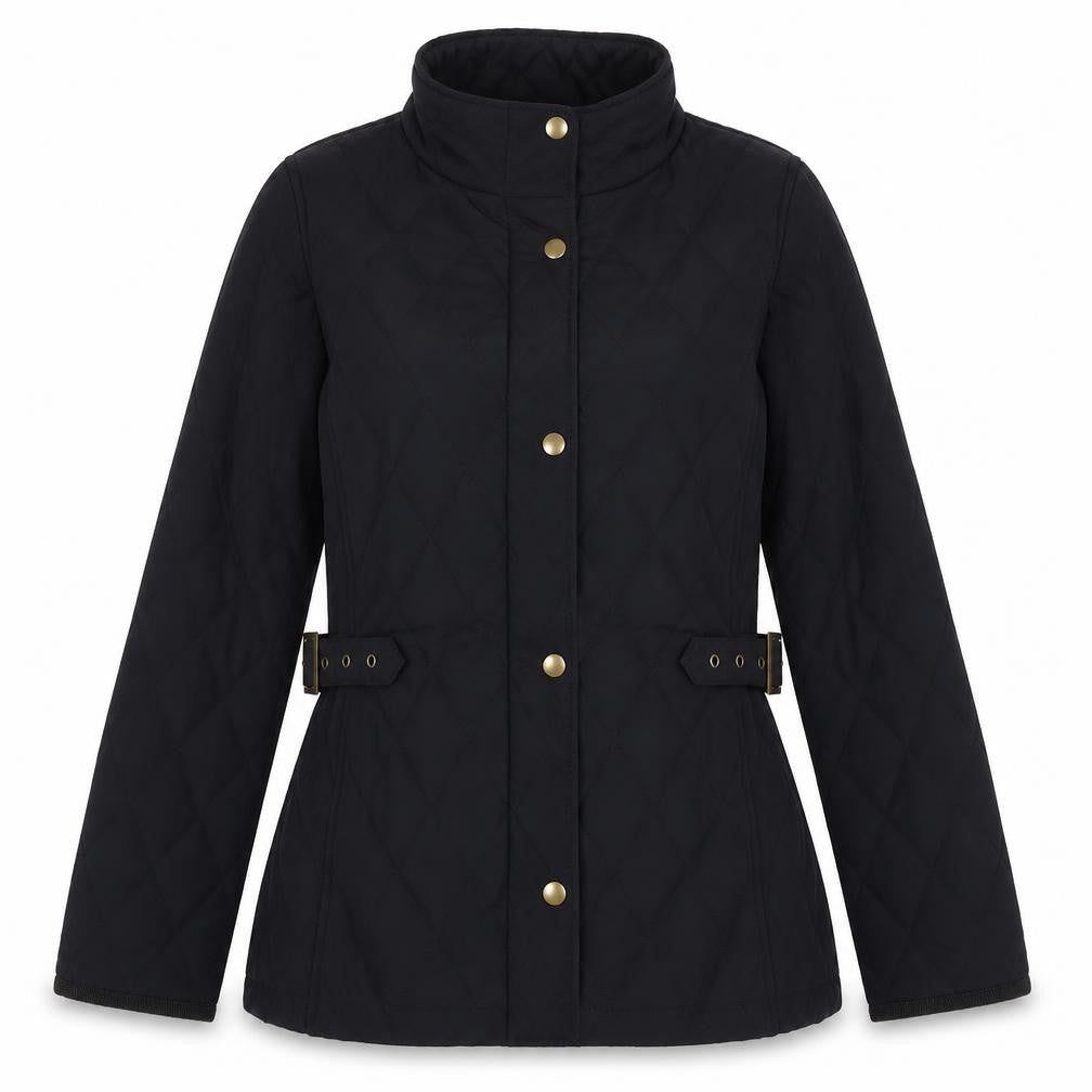 Front view of Trespass women’s black quilted jacket, size S, zip