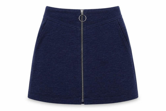 Front view of Mango women’s blue cotton a-line skirt, size UK 6, zip