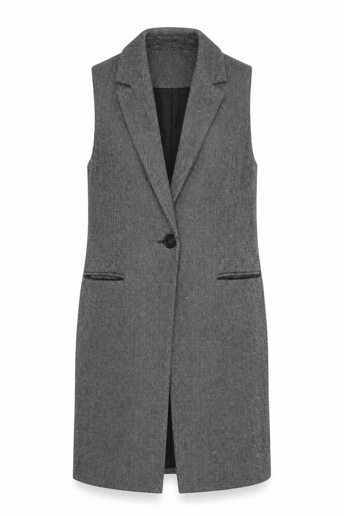 Front view of Warehouse women’s black herringbone gilet waistcoat, size UK 6, button