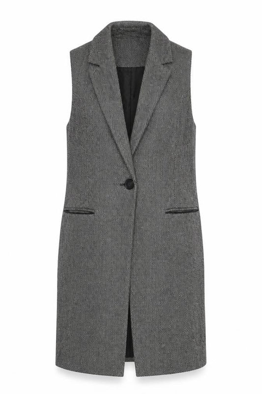 Front view of Warehouse women’s black herringbone gilet waistcoat, size UK 6, button