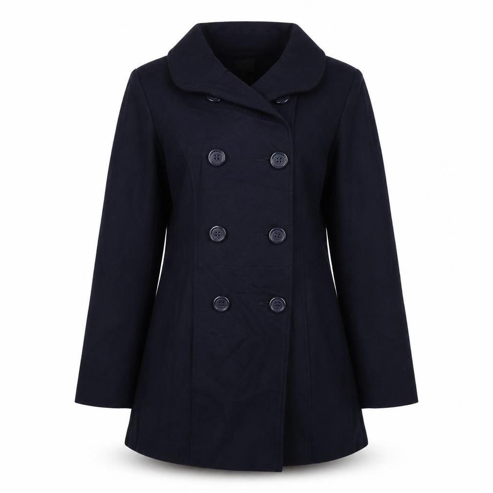 Front view of Evita women’s blue overcoat coat, size UK 12, button