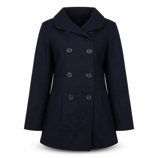 Front view of Evita women’s blue overcoat coat, size UK 12, button