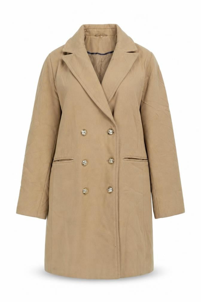 Front view of Topshop women’s beige overcoat coat, size UK 12, button