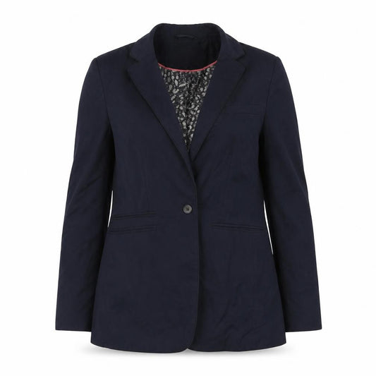 Front view of Next women’s blue jacket, size UK 12, button