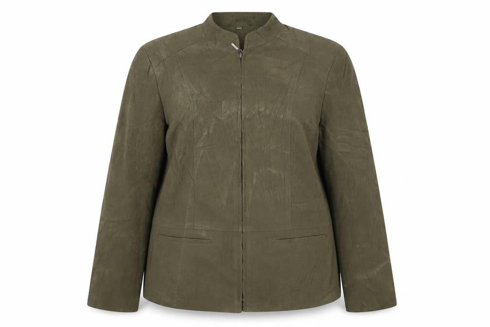 Front view of EWM women’s green jacket, size UK 10, zip