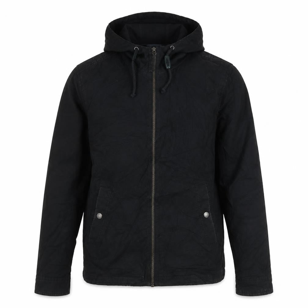 Front view of Burton men’s black parka jacket, size S, zip