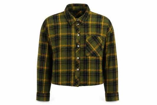 Front view of Only women’s green check viscose basic button-up, size UK 8, collared