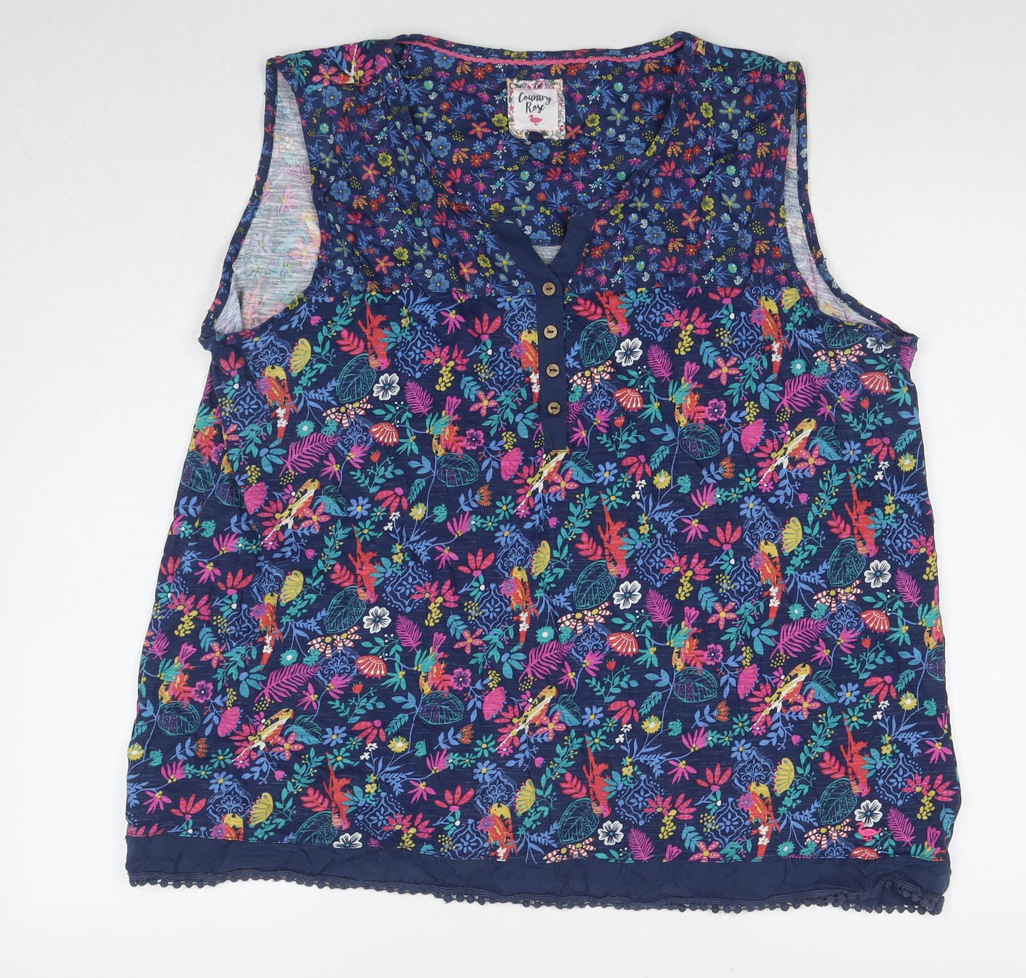 EWM Womens Blue Floral Cotton Basic Tank Size XL Round Neck