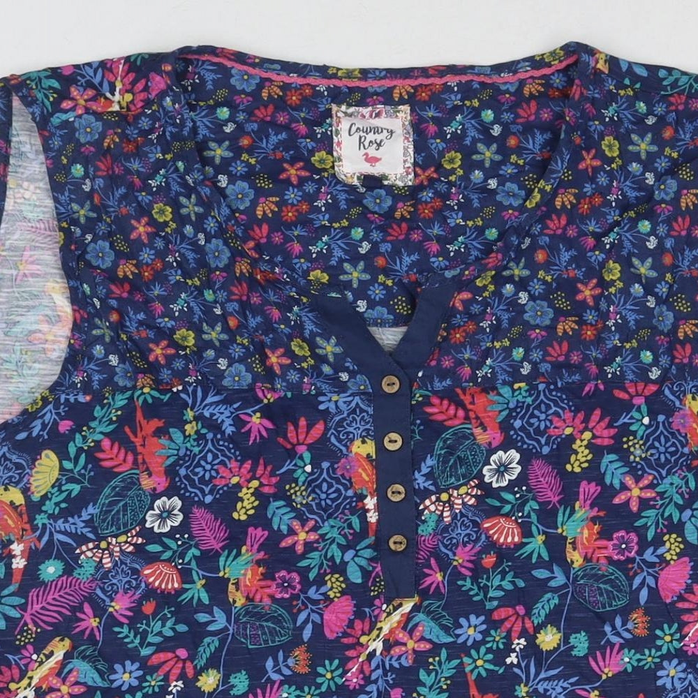 EWM Womens Blue Floral Cotton Basic Tank Size XL Round Neck