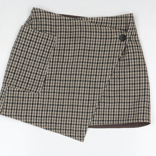 H&M Womens Brown Check Polyester A-Line Skirt Size 6 Button