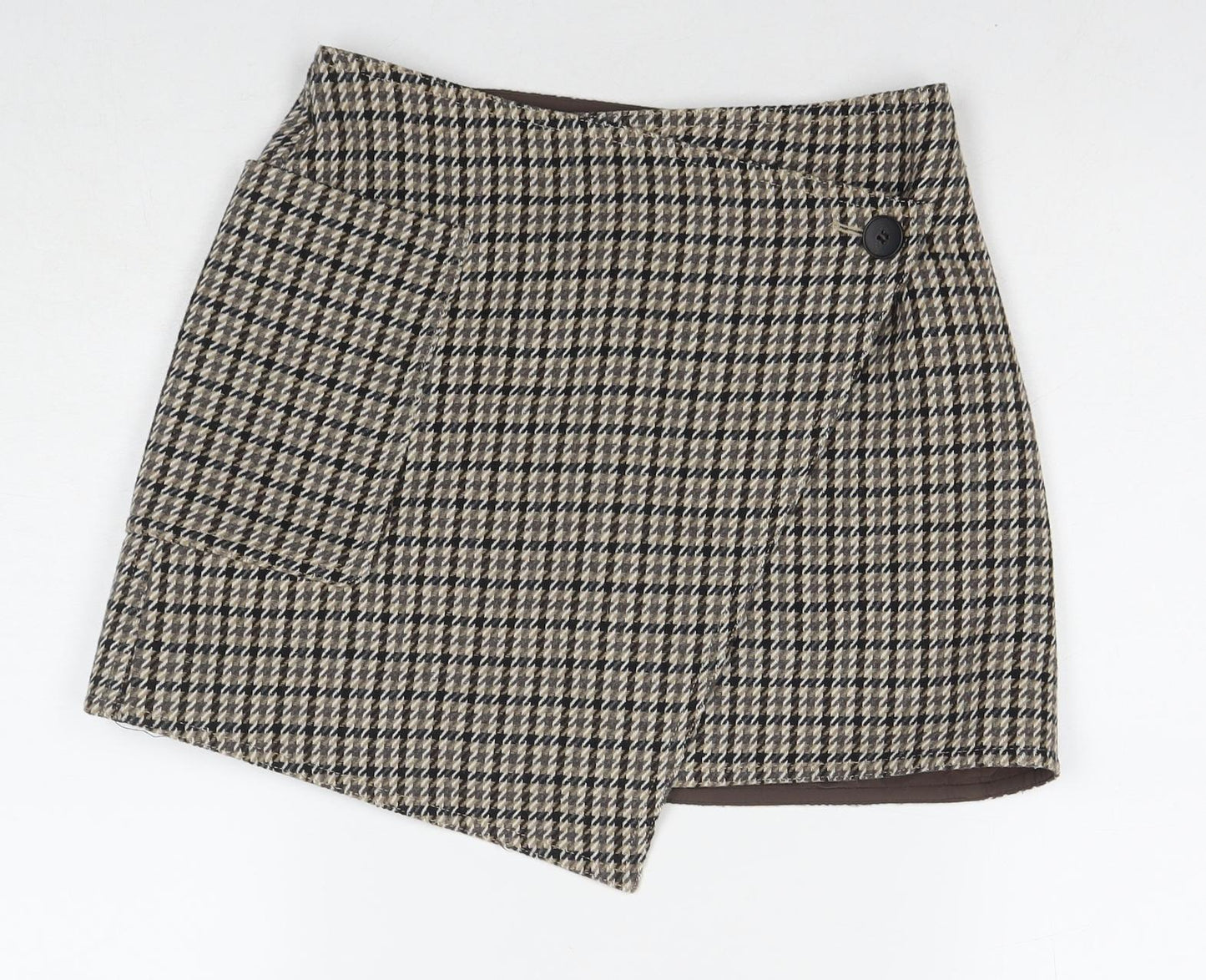 H&M Womens Brown Check Polyester A-Line Skirt Size 6 Button